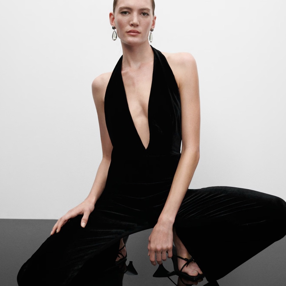 Mango Black Velvet Halter Jumpsuit